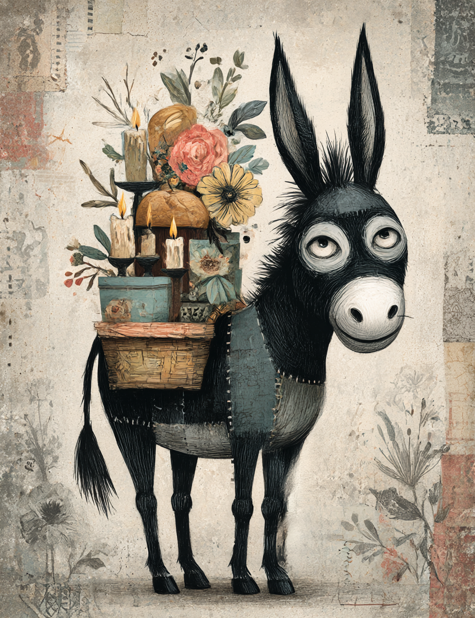 Illustration of a donkey with a basket of flowers and candles on a textured background