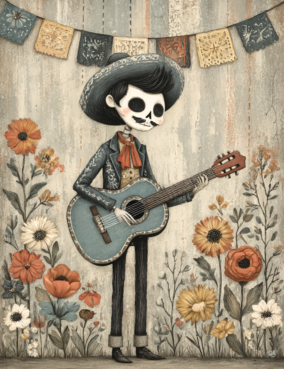 Skeleton in a suit playing an acoustic guitar with floral decorations on a wooden background