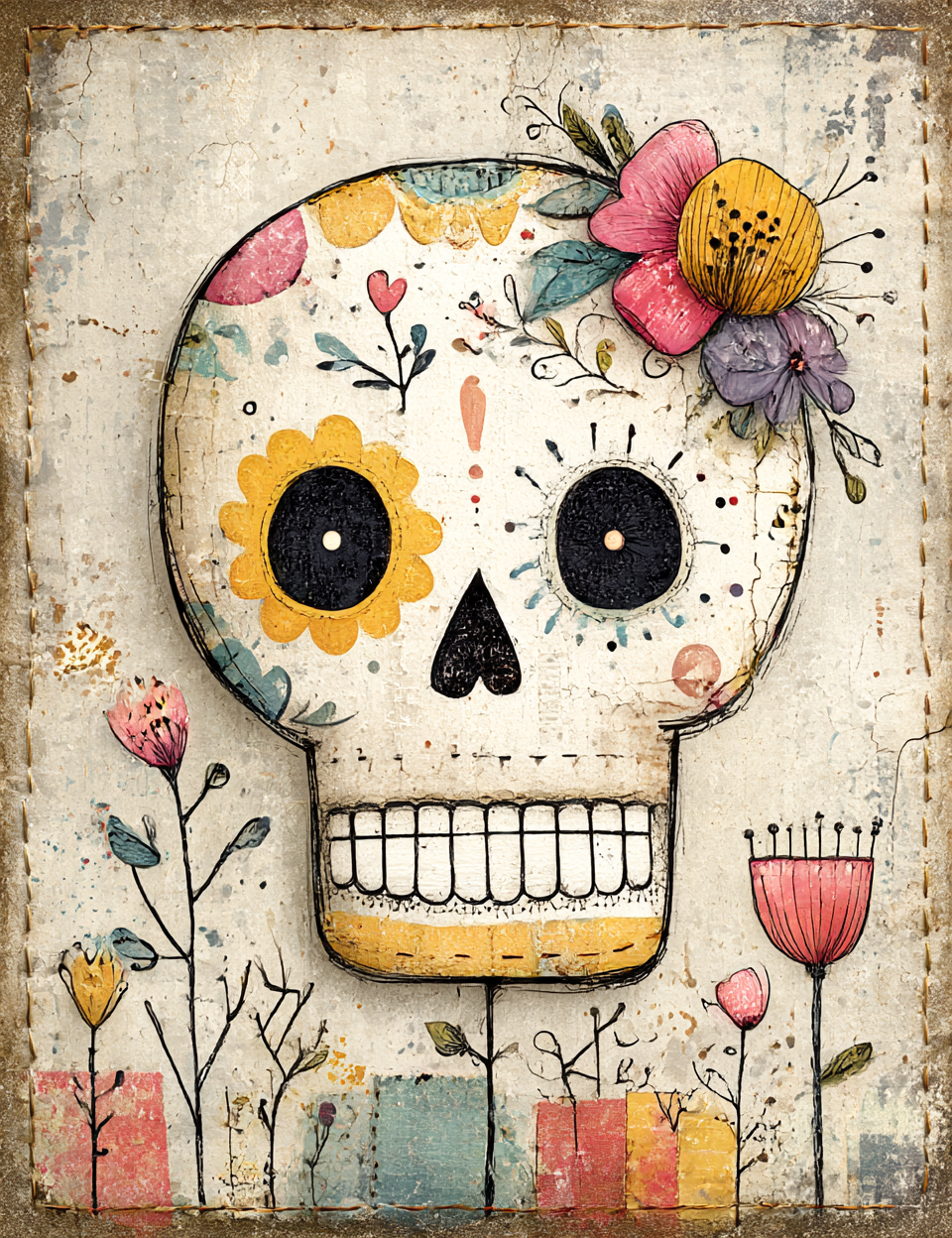 Decorative skull with floral elements on a textured background