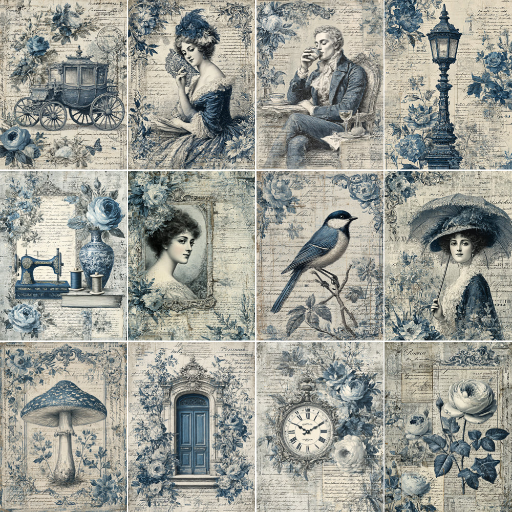 Collection of vintage-style illustrations featuring people, nature, and objects on a textured background.