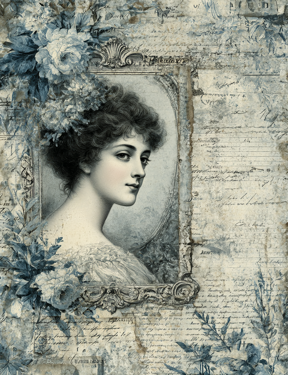 Vintage-style portrait of a woman with floral elements on a textured background