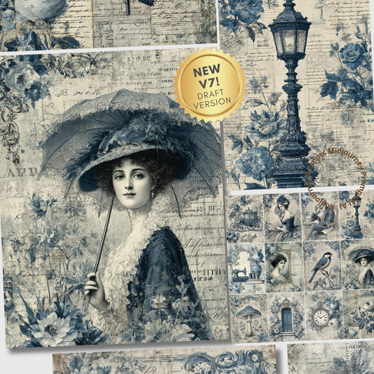 Vintage-style collage with a woman holding an umbrella, featuring decorative elements and a 'NEW V7! DRAFT VERSION' label.