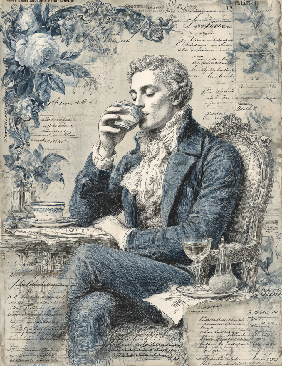 Man in historical attire drinking from a glass, surrounded by decorative elements and text.