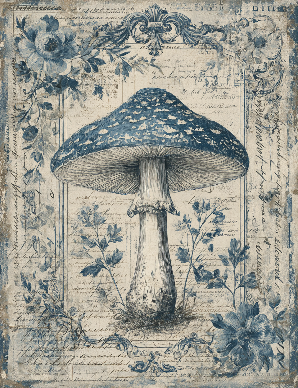 Decorative illustration of a mushroom with floral elements on a textured background