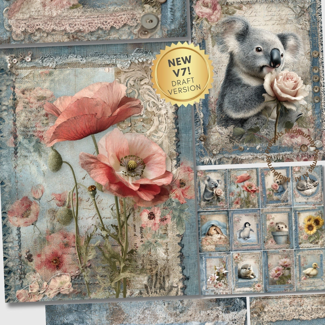 Midjourney V7 Prompts for Denim Chic Cute Animals Flowers Pages