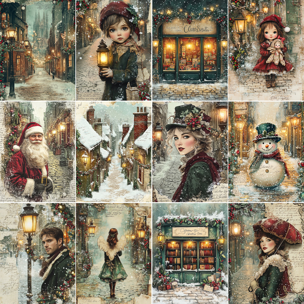 Collage of winter-themed illustrations featuring people and a snowman in a snowy village setting.