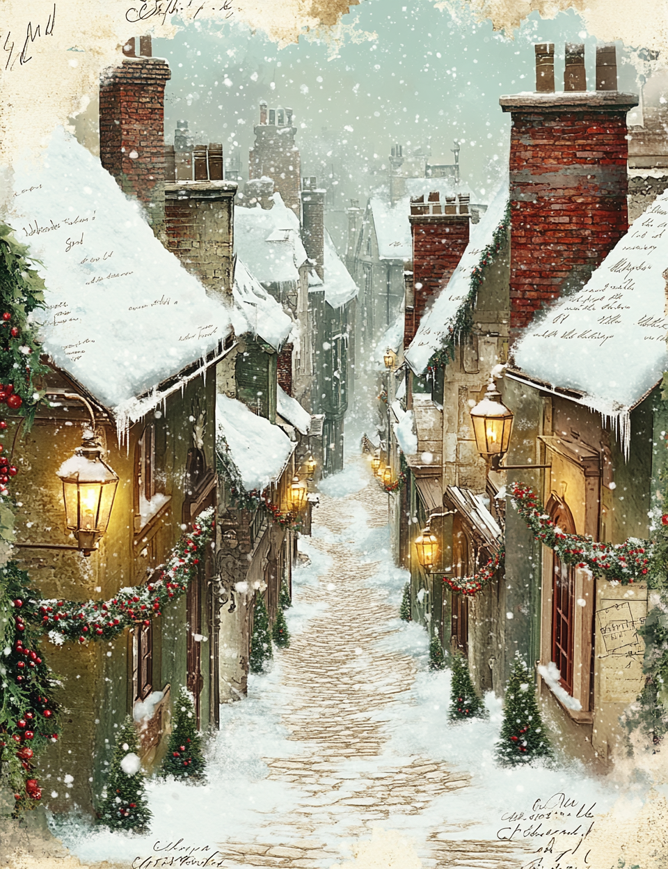 Snowy village street with decorated houses and lanterns on a cold winter day.