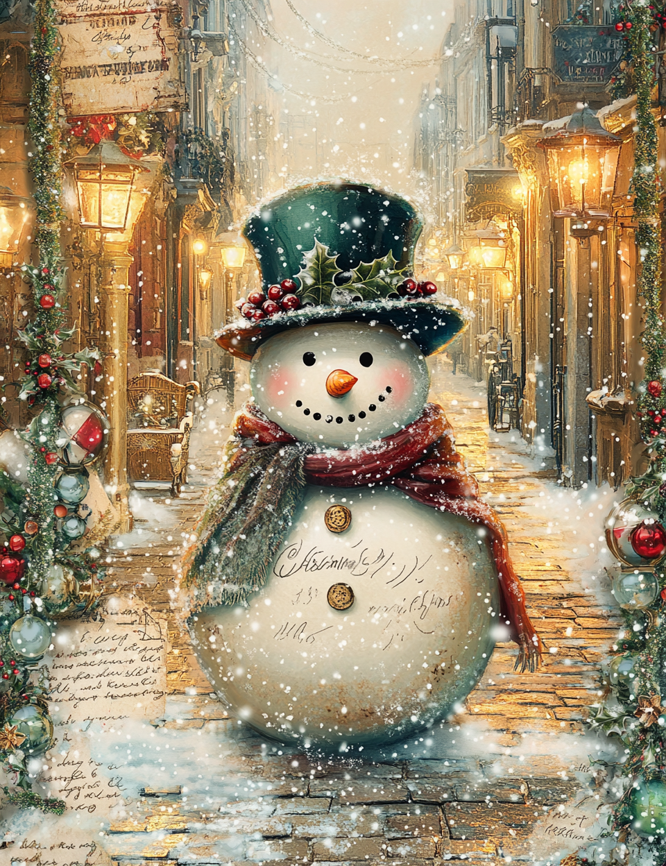 Decorative Christmas scene with a snowman in an urban setting