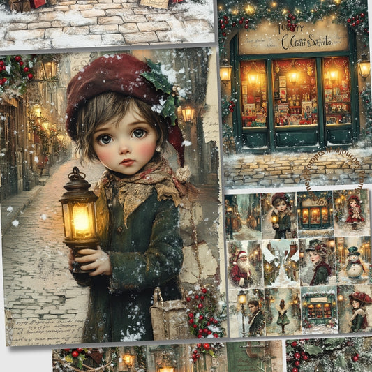 Collage of a young girl holding a lantern in a snowy street scene with a store front.