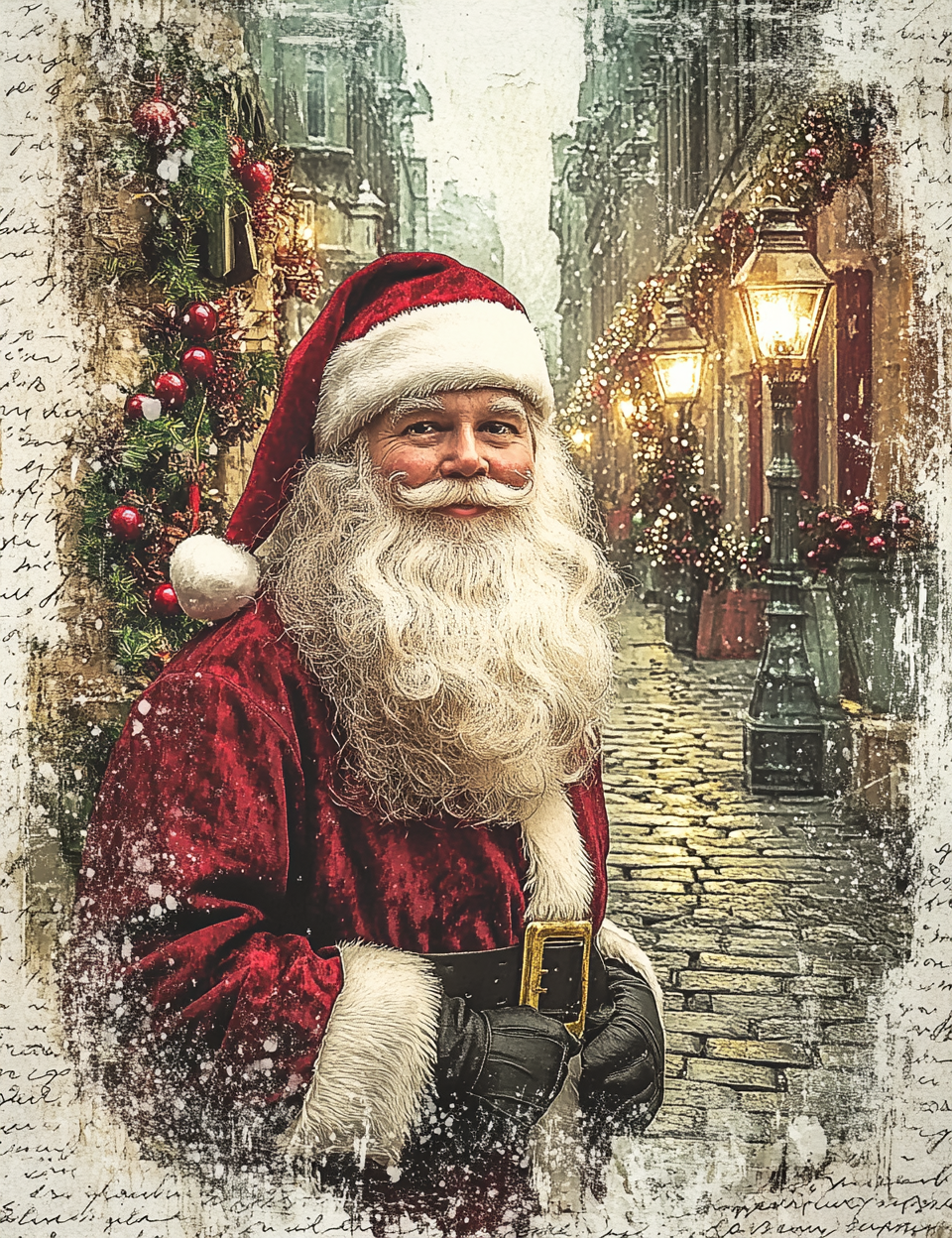 Vintage-style illustration of Santa Claus in a snowy street scene.