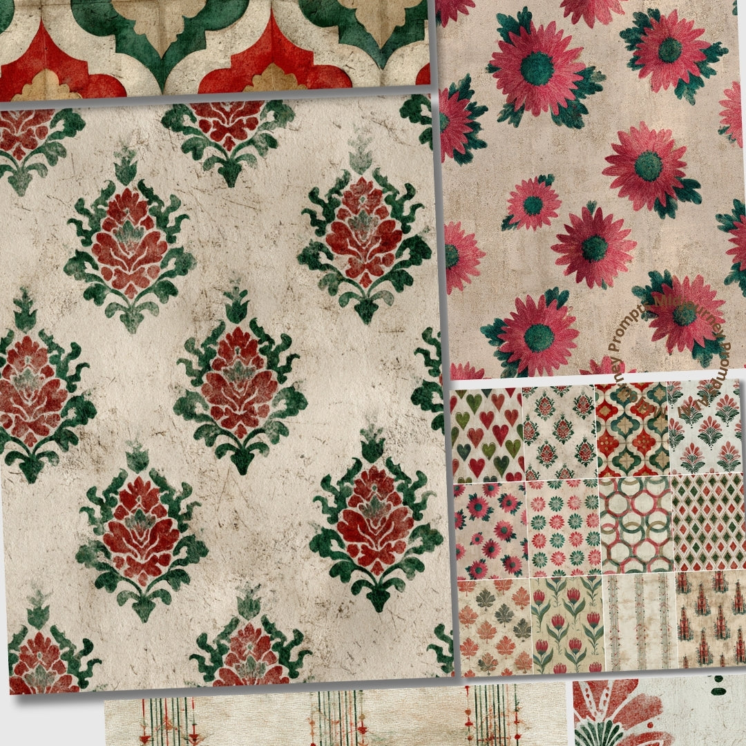 Collage of various floral and geometric patterns with red, green, and pink colors.