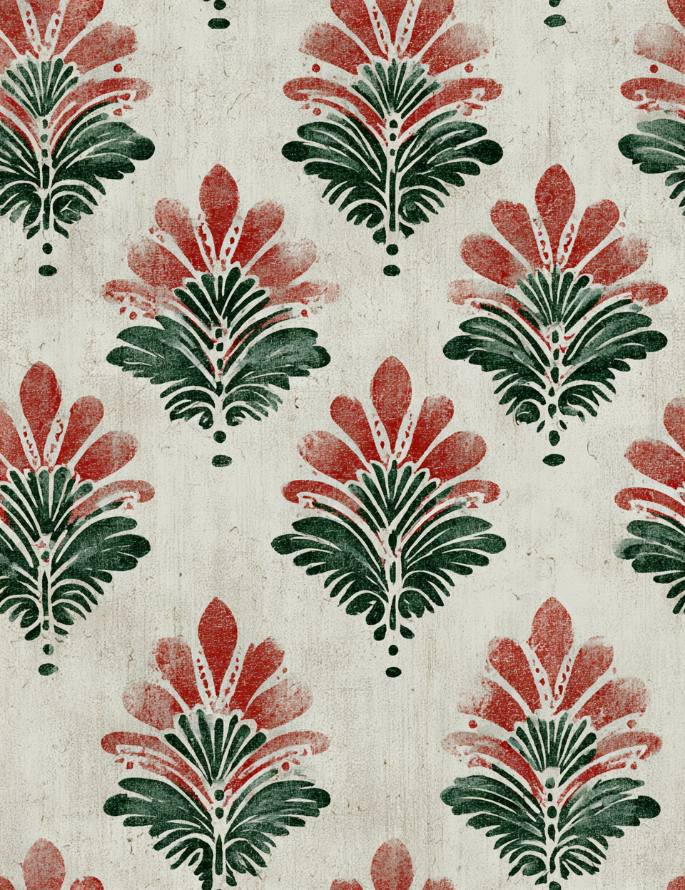 Patterned fabric with red and green floral design on a beige background