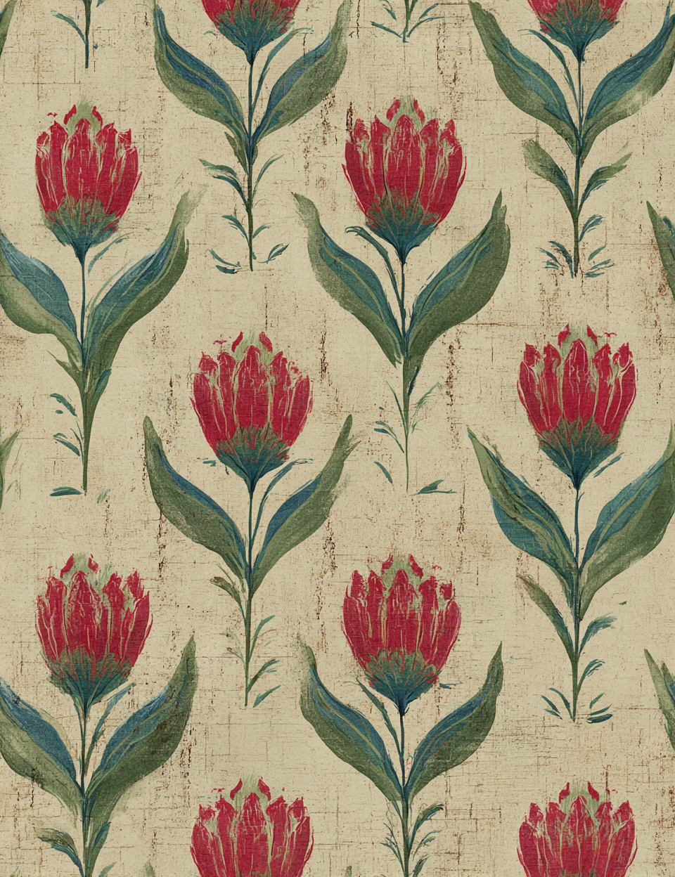 Pattern of red flowers with green leaves on a textured beige background