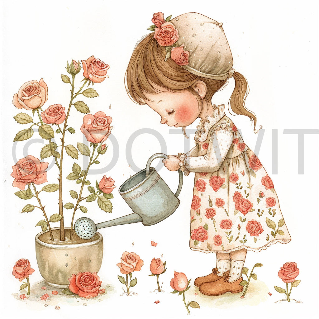 girl watering plants vintage clipart