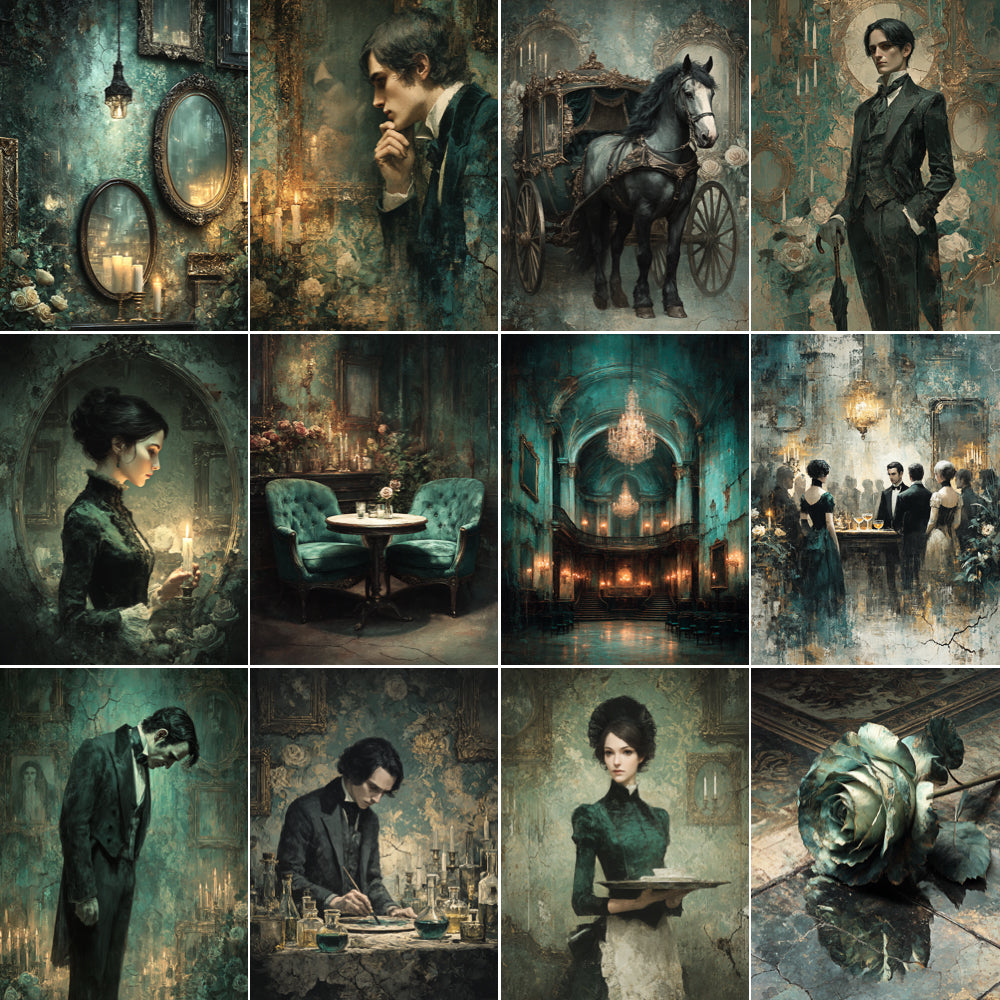 Collage of vintage-style illustrations featuring people in formal attire, a horse and carriage, and elegant interior settings.