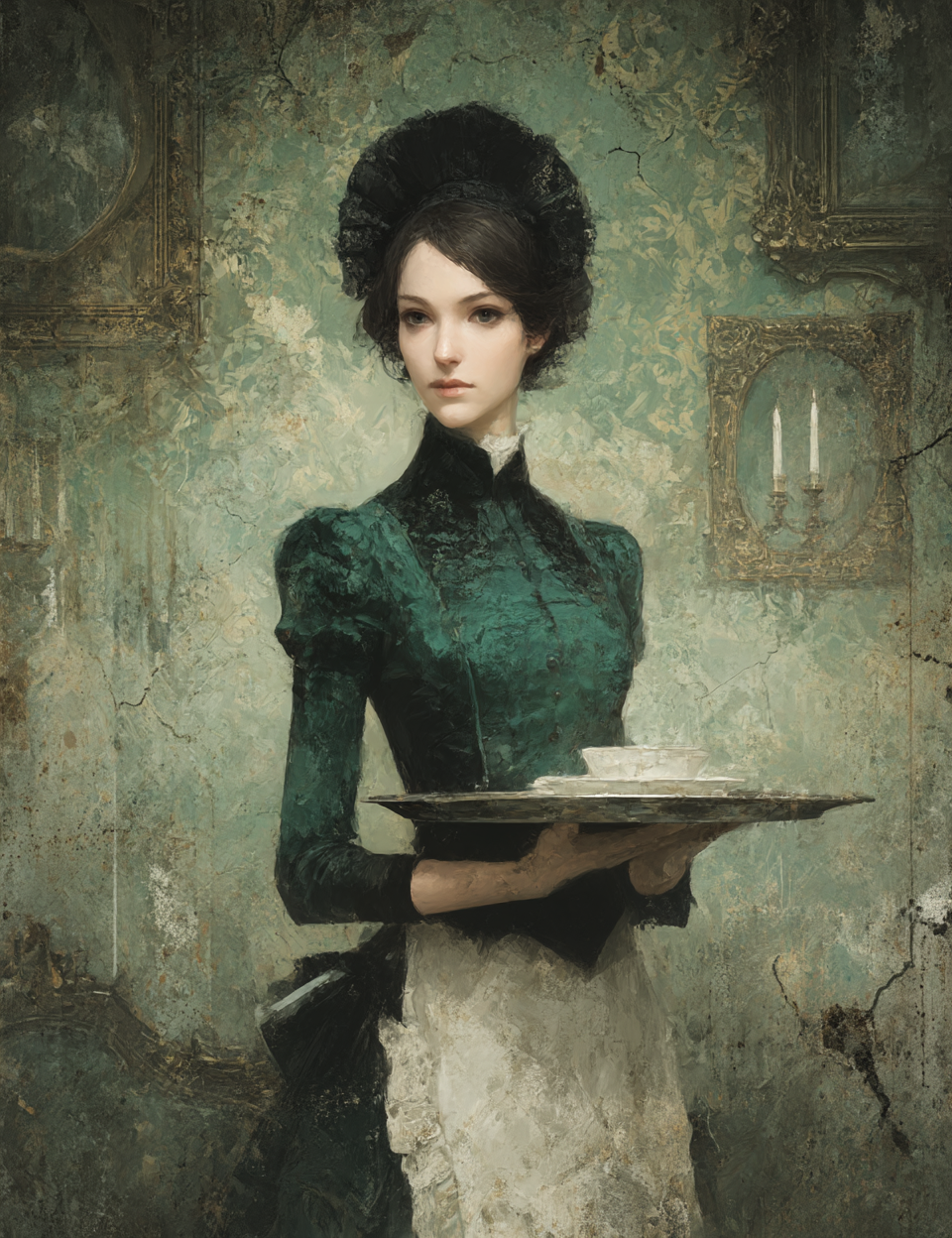 Woman in a vintage green dress holding a tray in an ornate room.