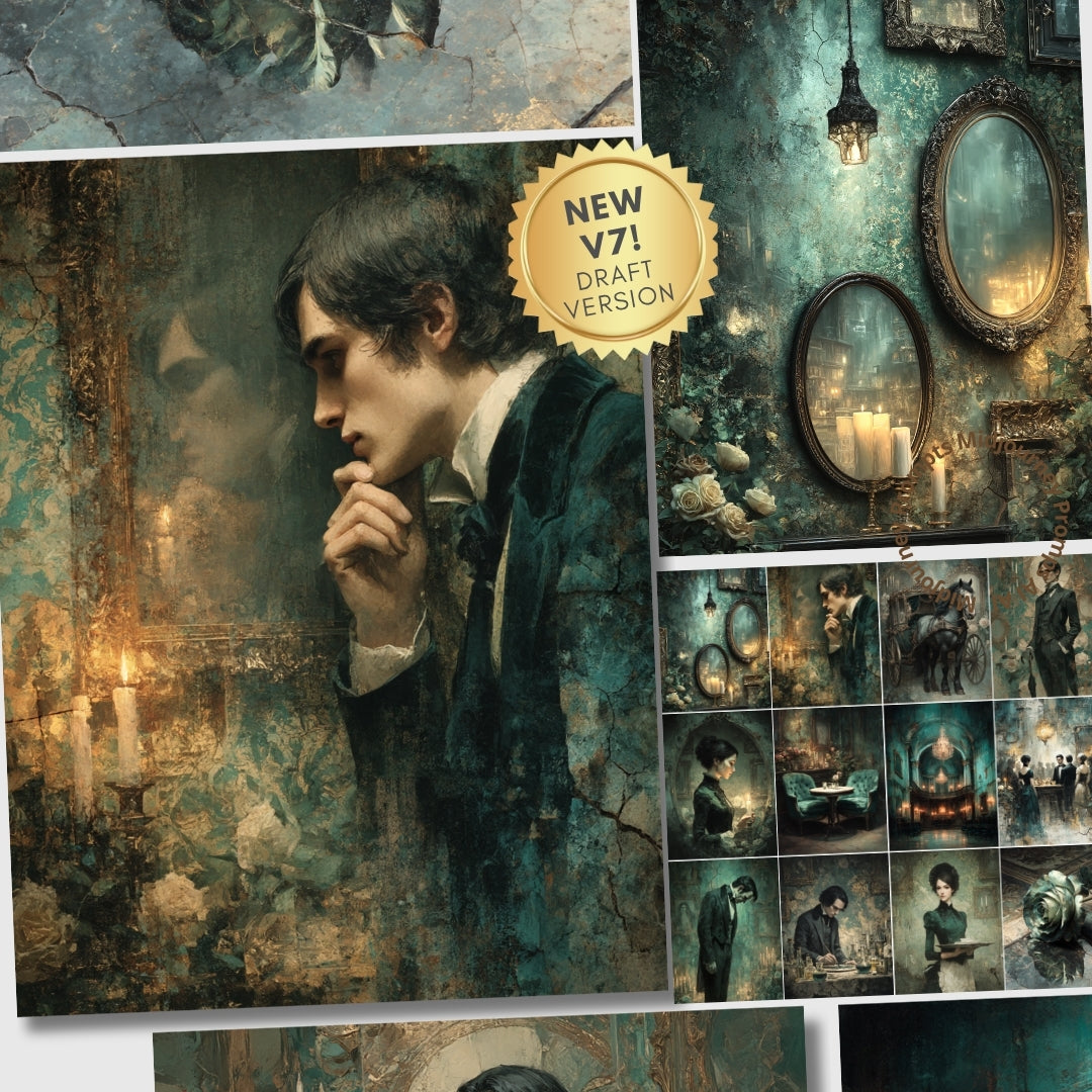 Collage of a man in a dark coat with a gold 'NEW V7! DRAFT VERSION' badge, surrounded by vintage-style images and decor.