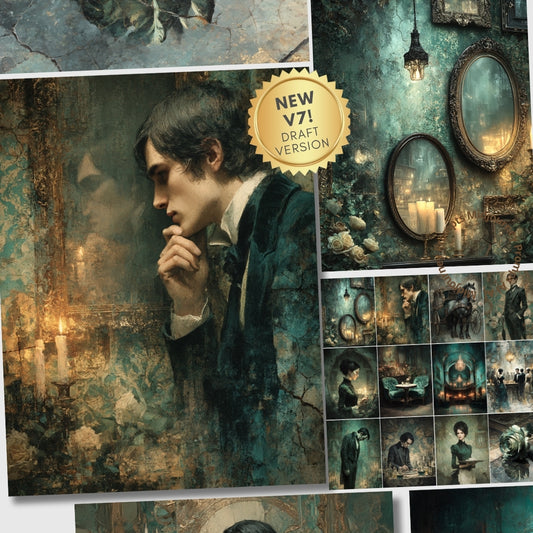 Collage of a man in a dark coat with a gold 'NEW V7! DRAFT VERSION' badge, surrounded by vintage-style images and decor.