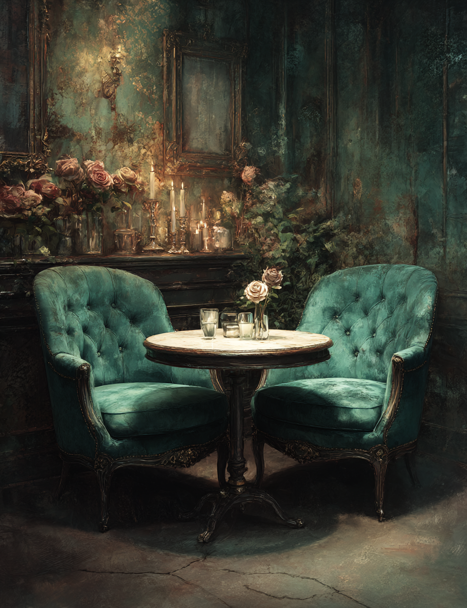 Two teal chairs around a round table with candles and flowers in a dimly lit room.