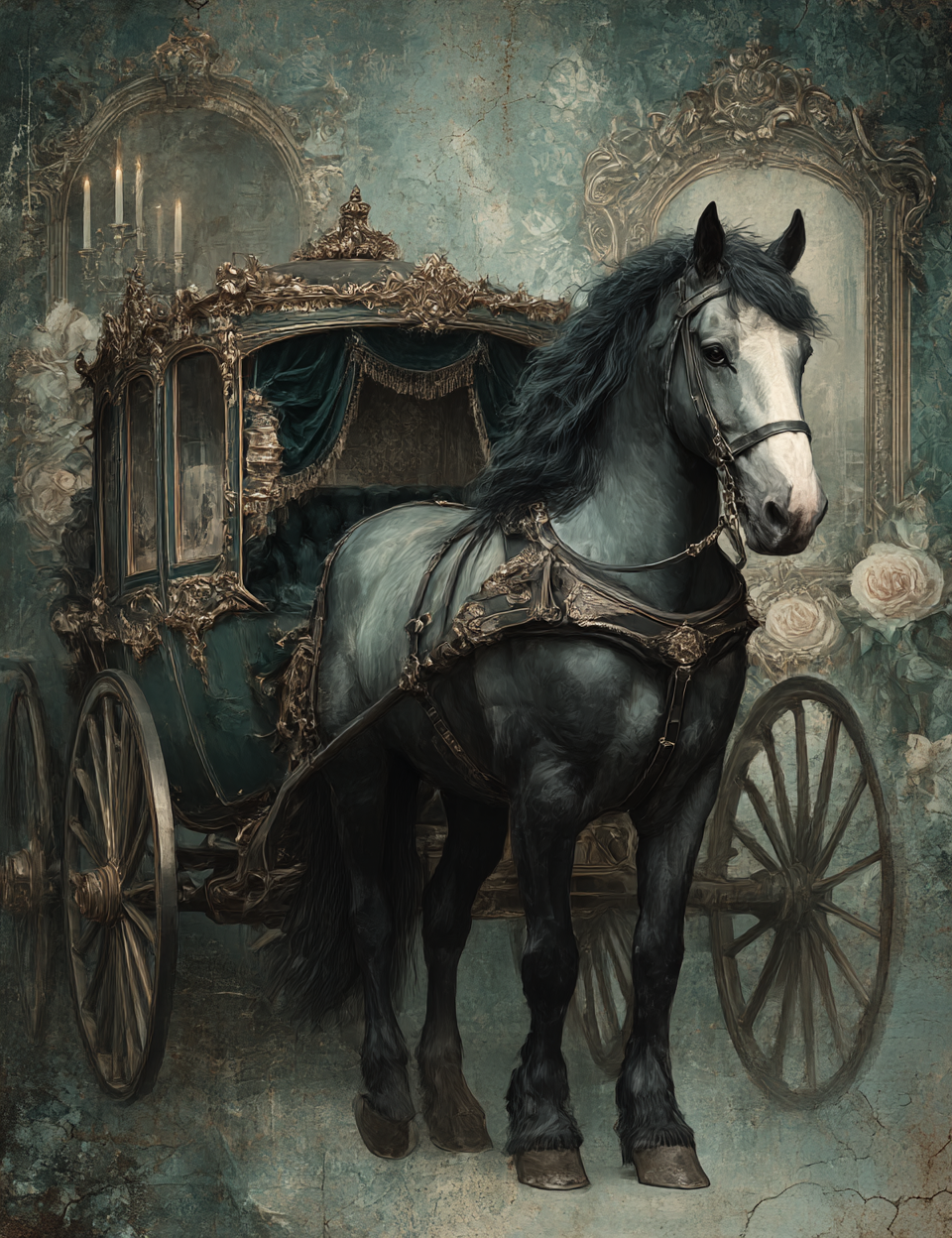 Ornate horse-drawn carriage with a horse in a decorative setting