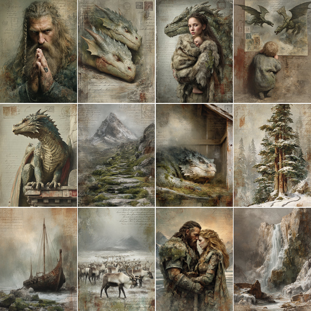Collage of fantasy-themed illustrations featuring dragons, people in fur clothing, and snowy landscapes.