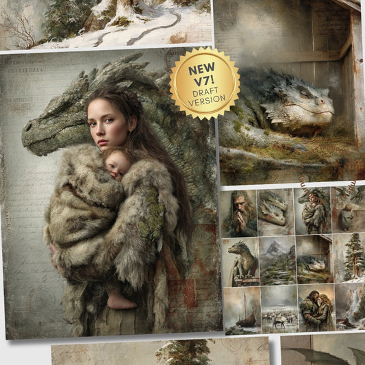 Collage of a woman holding a child with a dragon, featuring a 'NEW V7! DRAFT VERSION' badge.