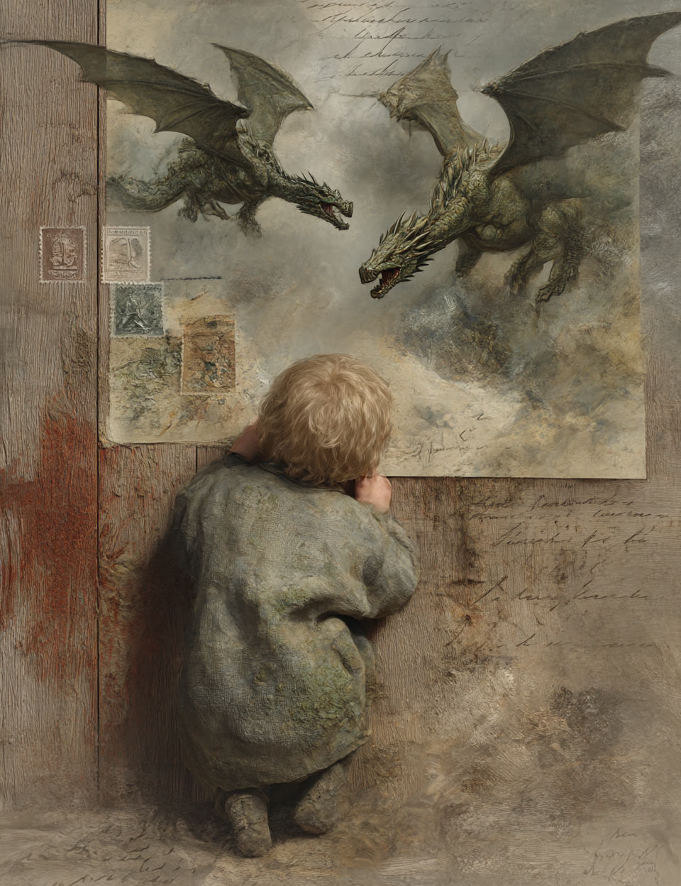 Child looking at a painting of dragons on a wall with old letters and stamps.