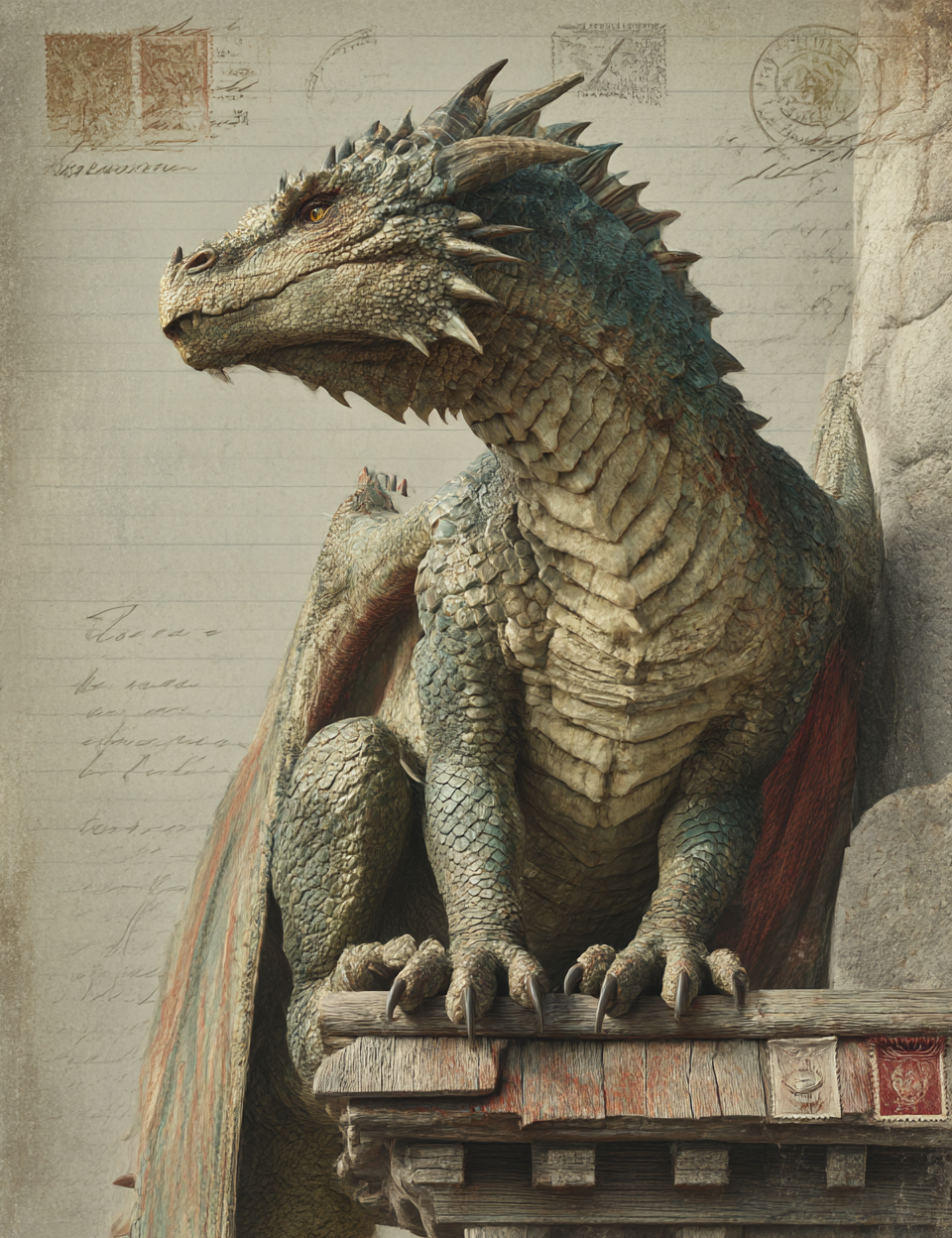 Detailed illustration of a dragon on an architectural structure with a vintage background.