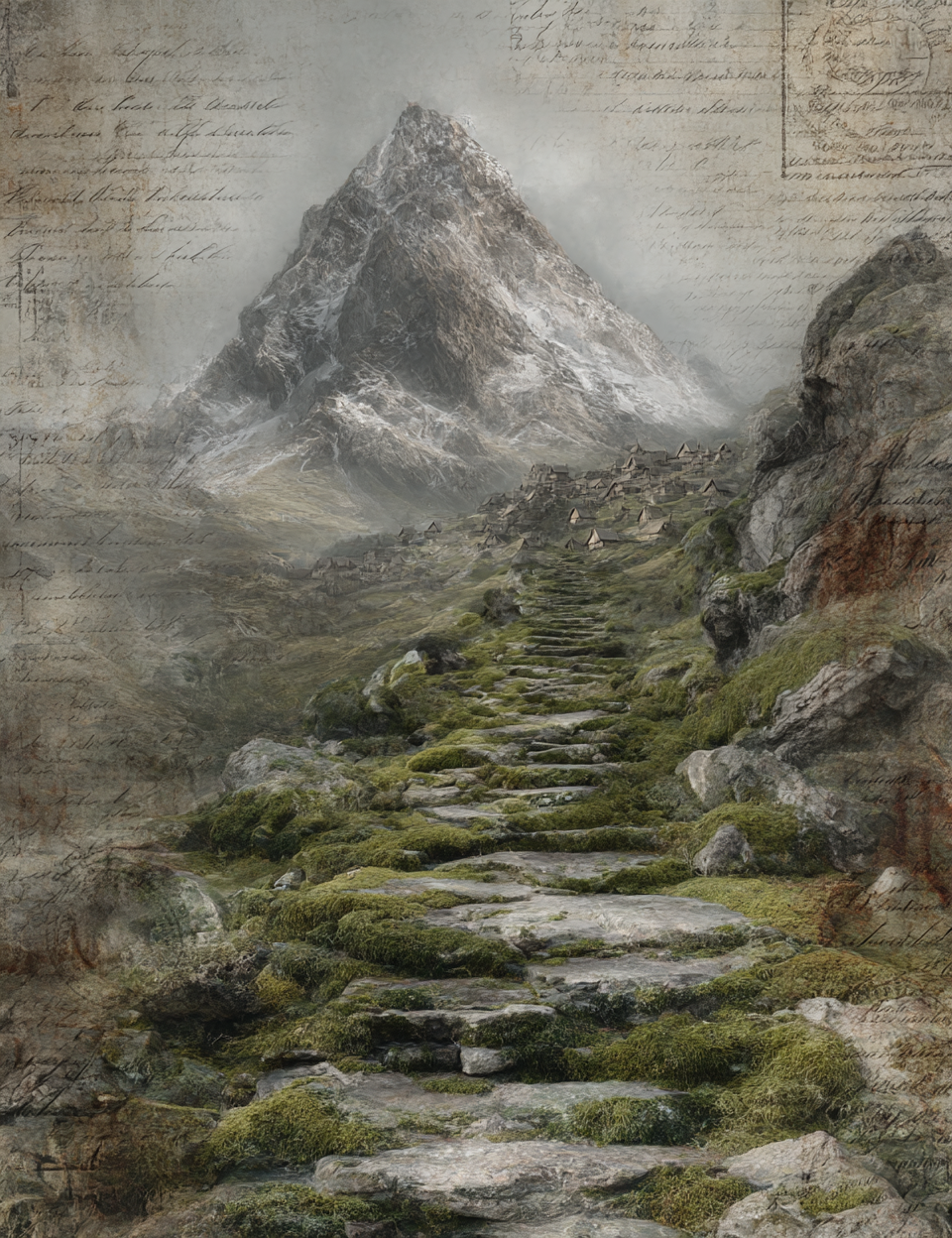 Stairway leading up to a mountain with a foggy atmosphere, surrounded by rocks and grass.