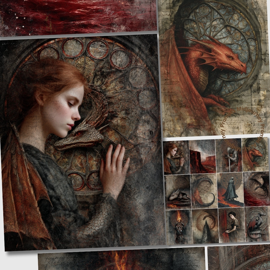Collage of fantasy art featuring a woman with a dragon, a red dragon, and various scenes.