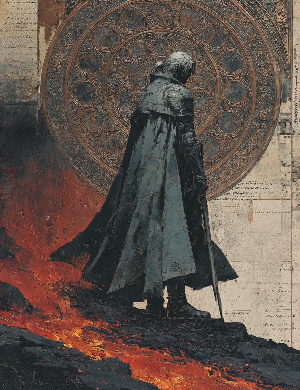 Person in a long coat standing in front of a large circular emblem with fiery ground below