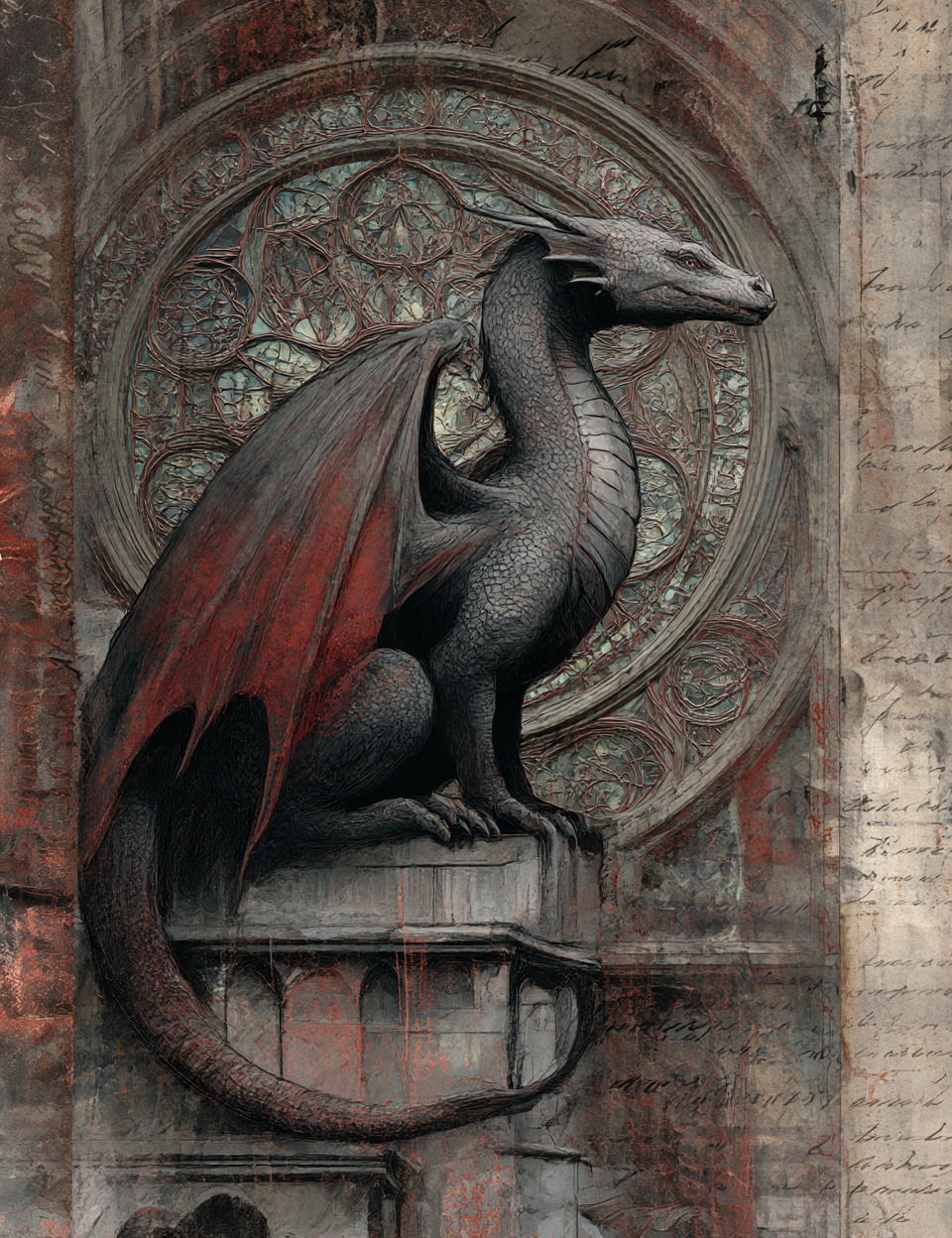 Dragon sculpture on a stone wall with stained glass window