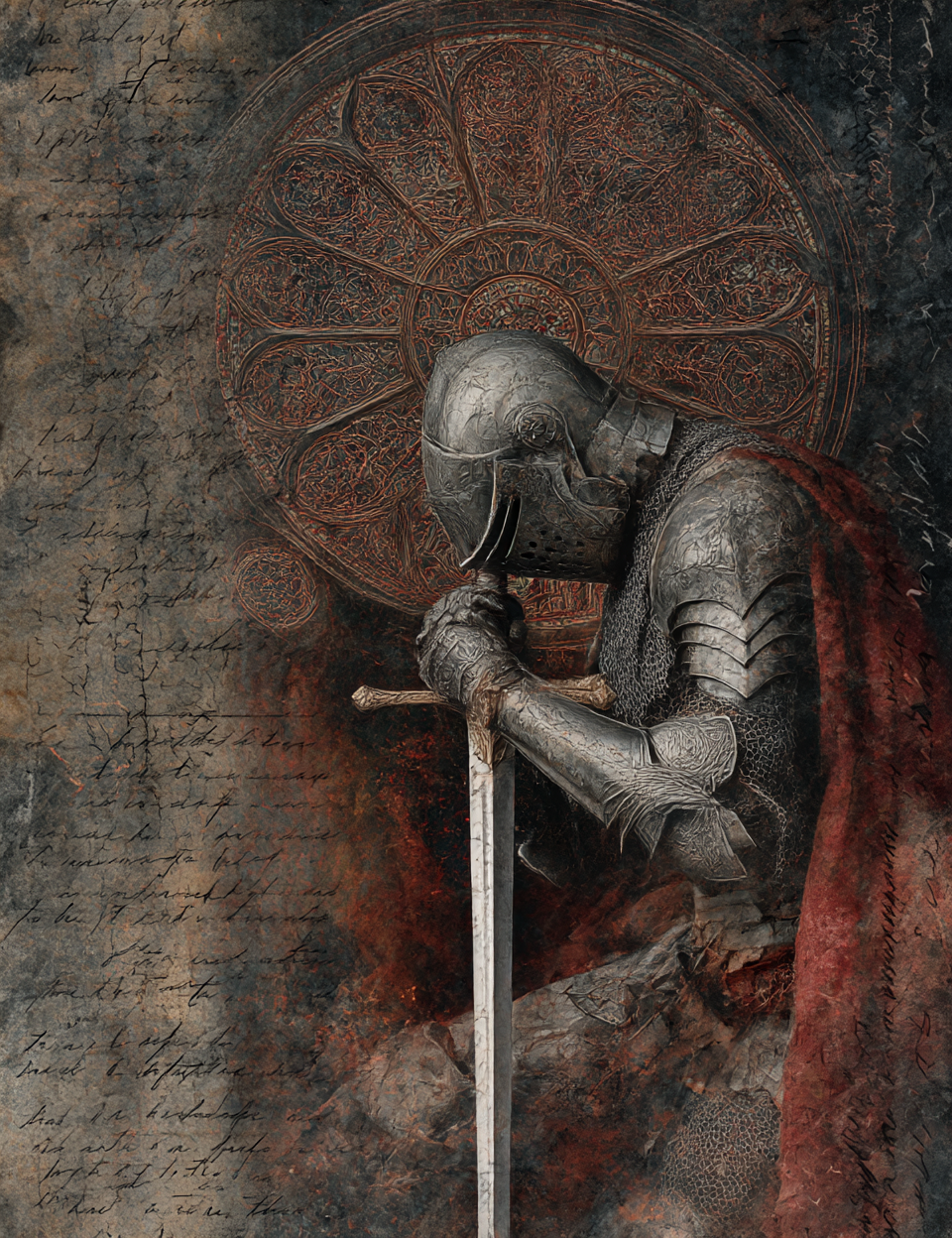 Medieval knight in armor holding a sword against a textured background