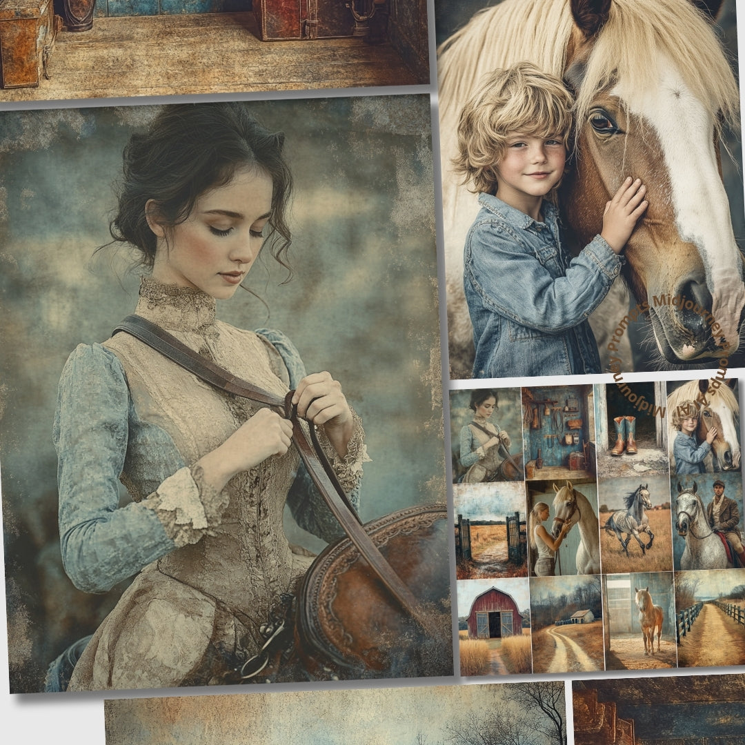 Collage of images featuring a woman with a horse, a boy with a horse, and various horse-related scenes.