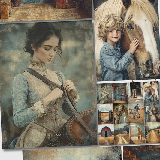 Collage of images featuring a woman with a horse, a boy with a horse, and various horse-related scenes.