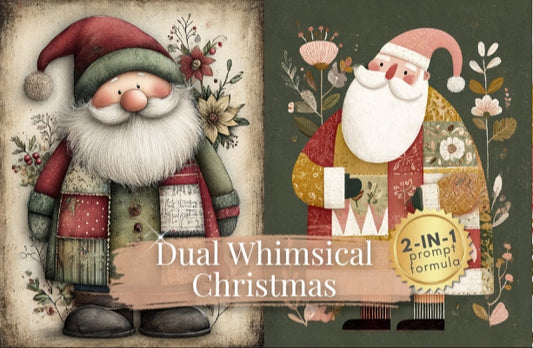 Two cartoon Santas with floral elements and text 'Dual Whimsical Christmas' on a decorative background.