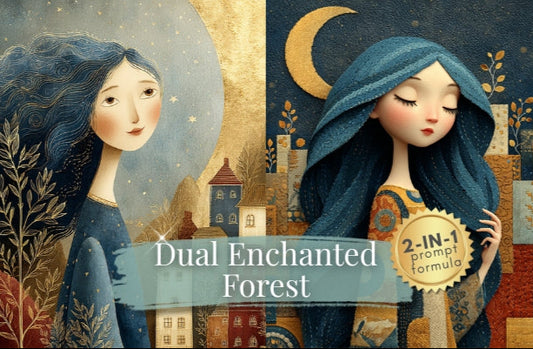 Illustration of a woman with blue hair in an enchanted forest setting, featuring a moon and stars.