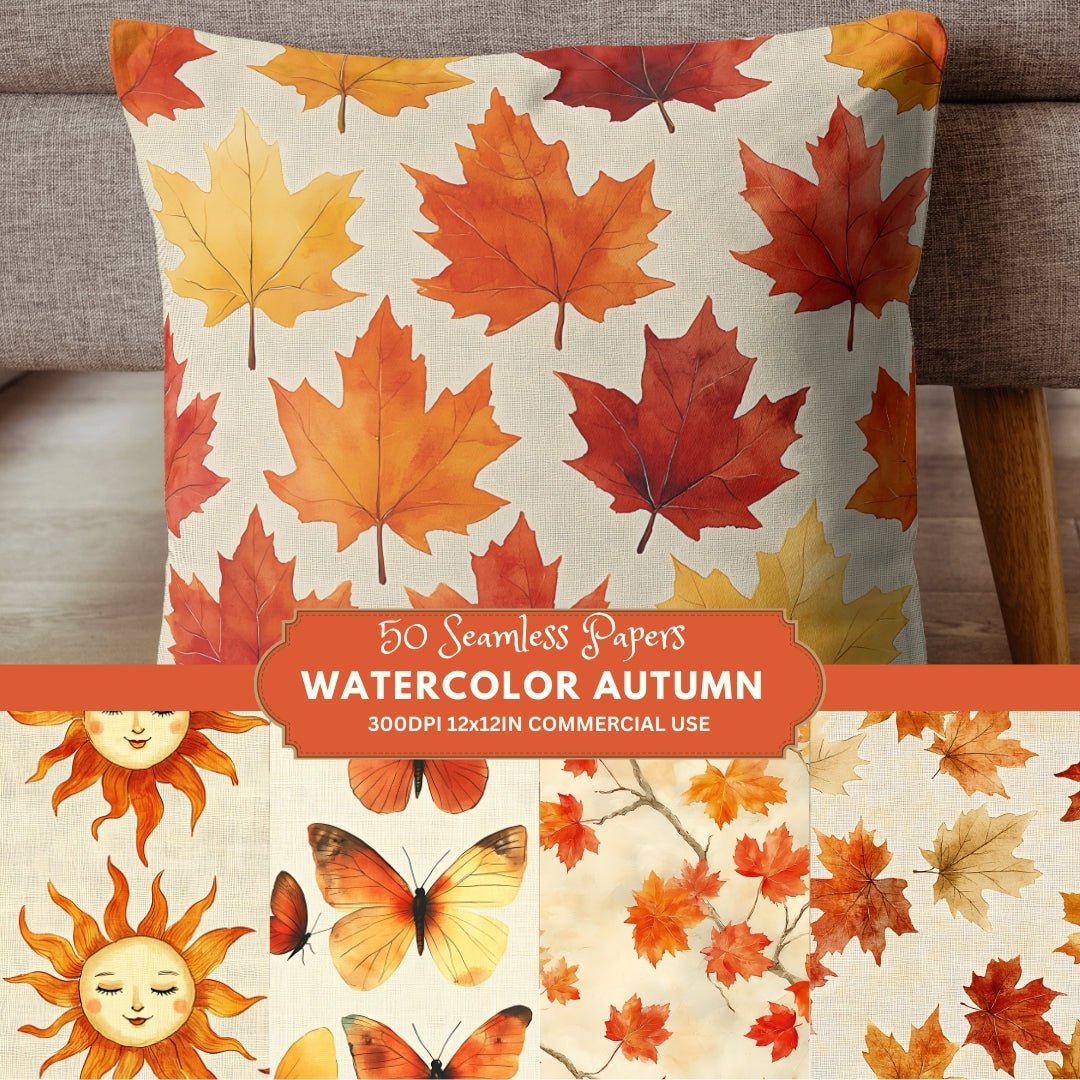 50 Watercolor Autumn Digital Paper Pack