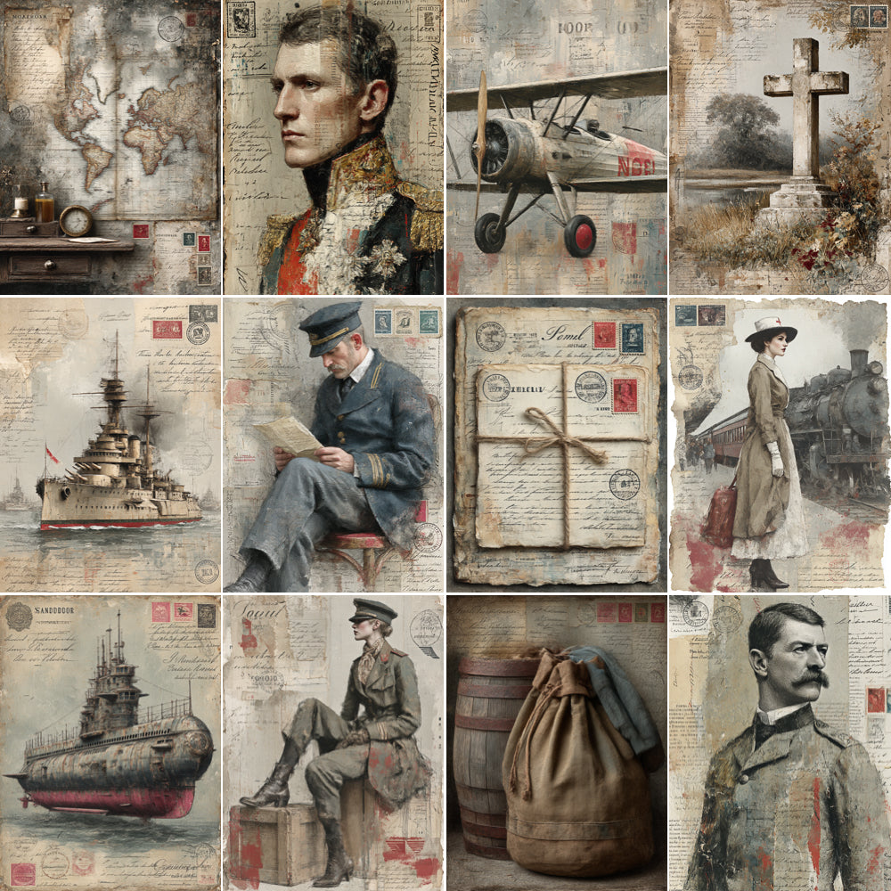 Collage of vintage-style images featuring military themes, including soldiers, airplanes, and ships.