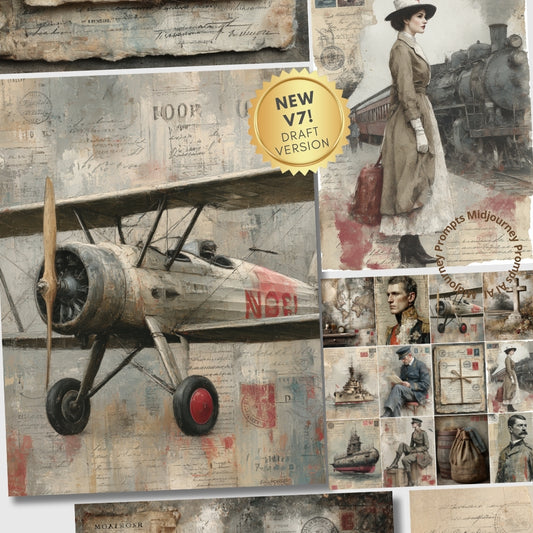 Collage of vintage-style images including an airplane, people, and text on a textured background.