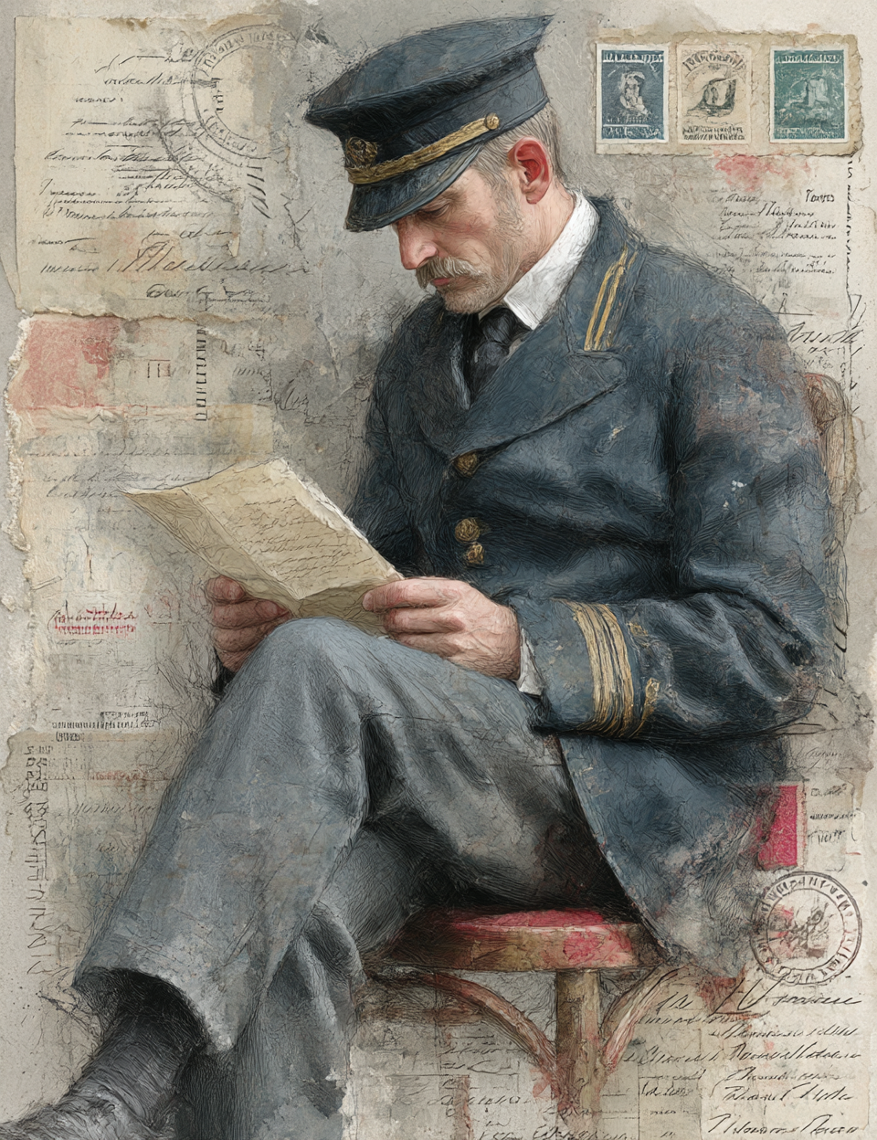 Man in a uniform reading a letter with a vintage letterhead and stamps in the background