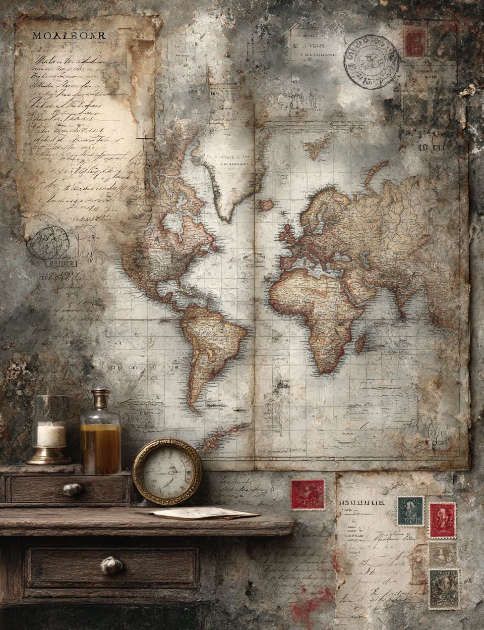 Vintage world map on a textured wall with a wooden desk and decorative items.