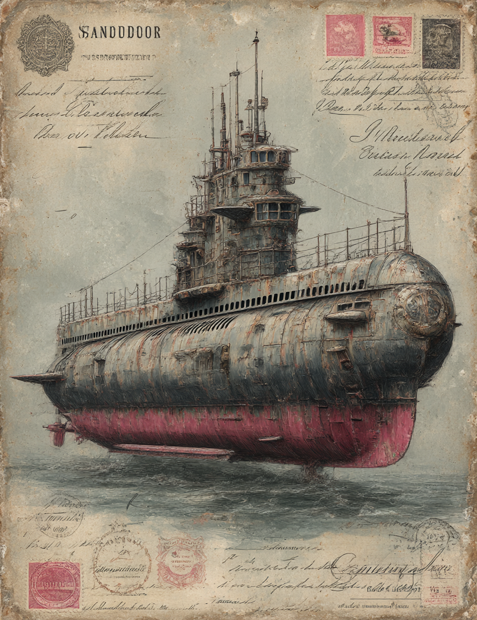 Vintage-style illustration of a submarine with postage stamps and text on a textured background