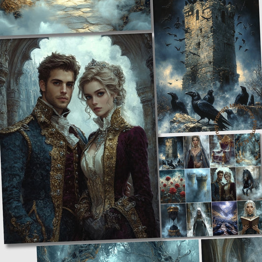 Collage of a romantic scene with a couple in ornate clothing, a castle, and crows.