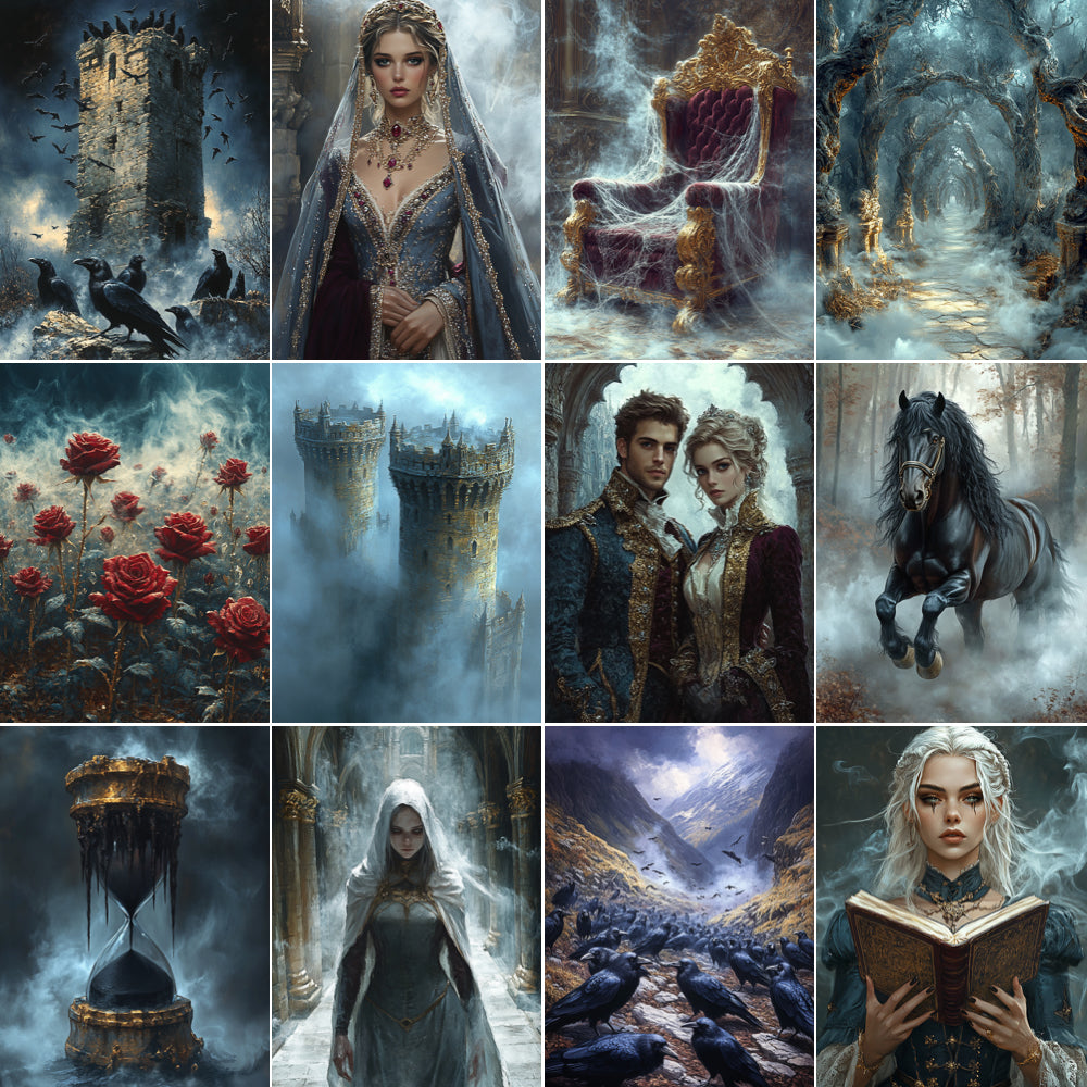 Collage of fantasy-themed illustrations including a castle, throne, and characters with a mystical atmosphere.