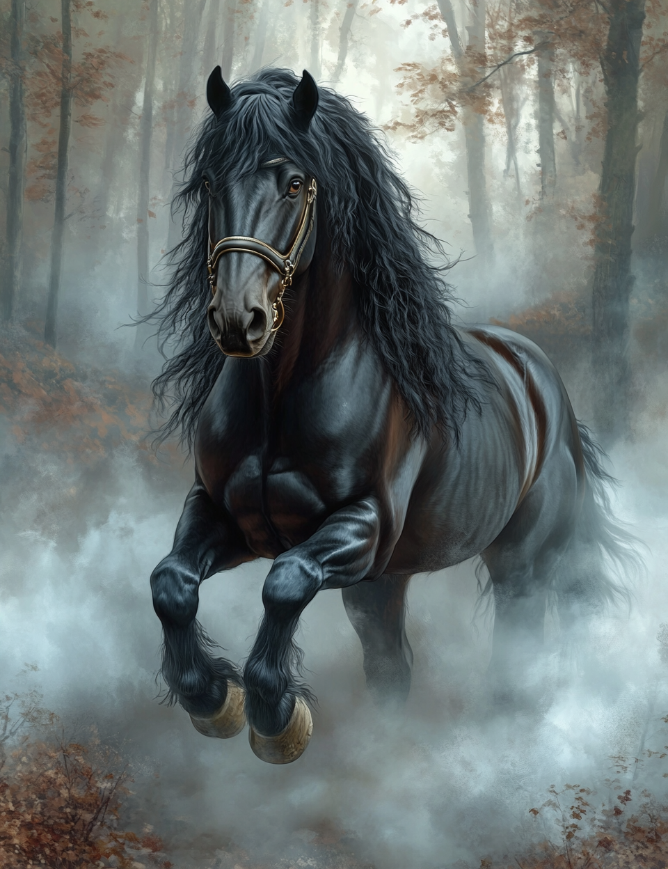 Horse running through a misty forest with autumn leaves