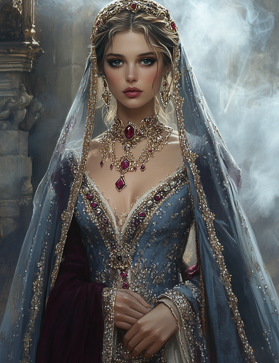 Woman in a detailed, ornate costume with jewelry and a veil in a fantasy setting.
