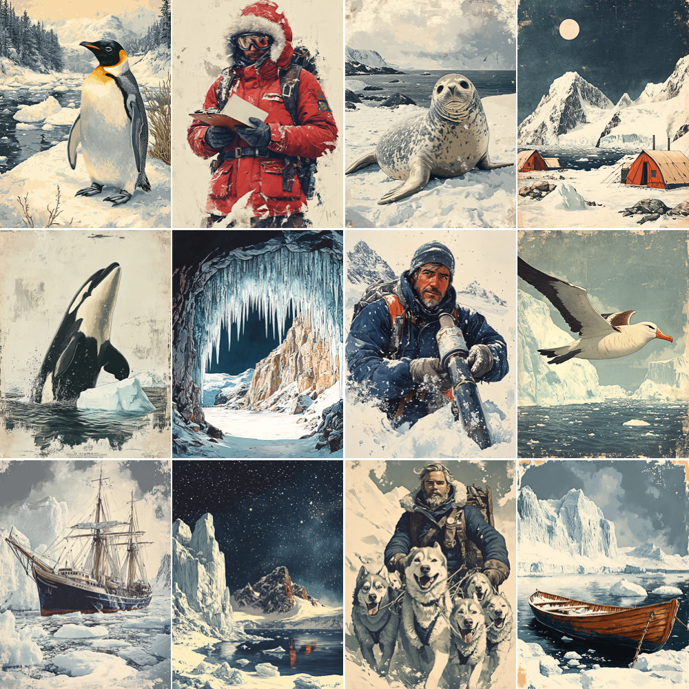 Collage of various snowy and icy scenes including a penguin, person in red coat, seal, mountains, whale, ice cave, person with rifle, bird, ship, dog sled, and boat.