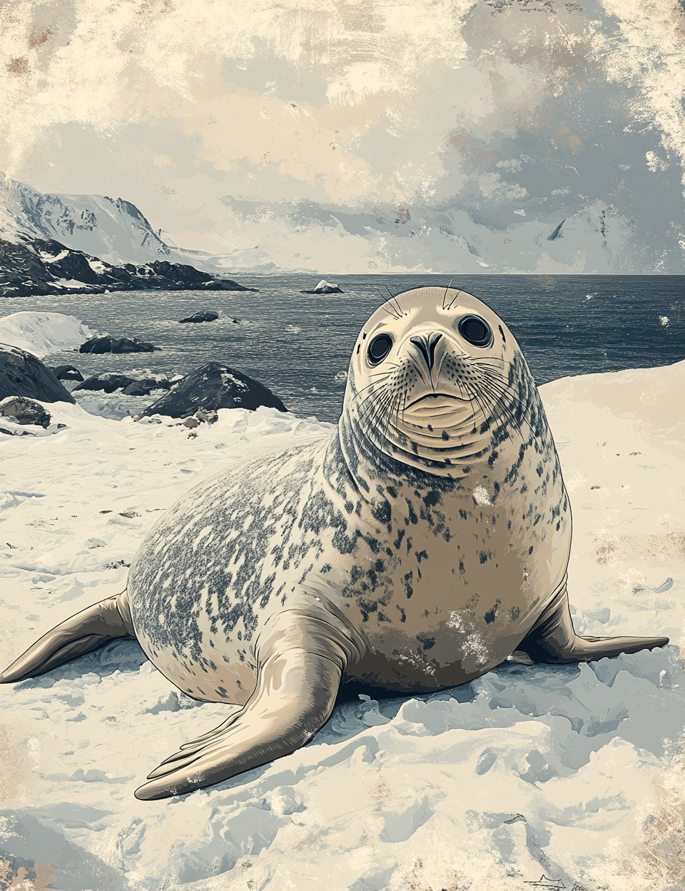 Seal on a snowy landscape with mountains and water in the background