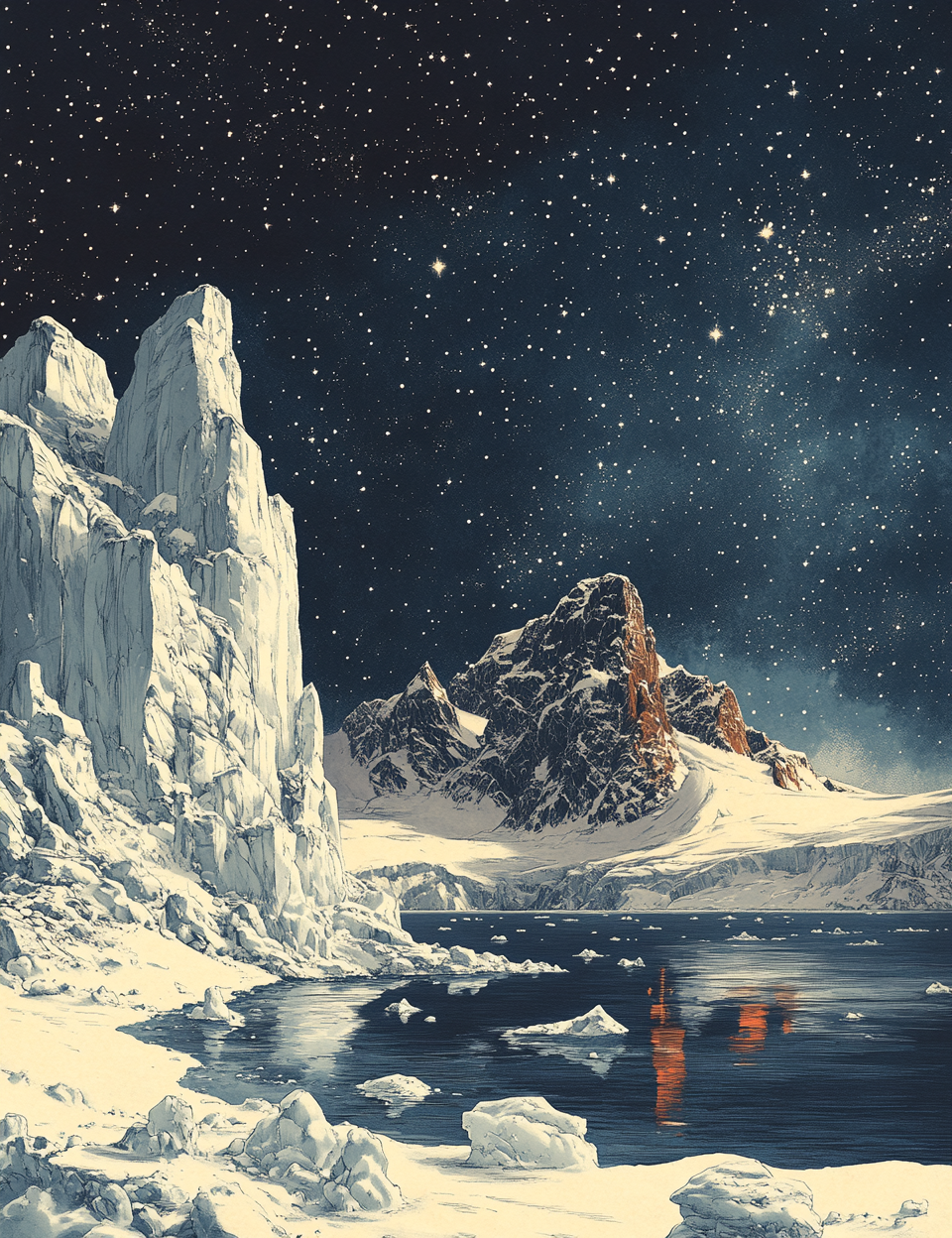 Snowy mountain landscape with a lake under a starry night sky